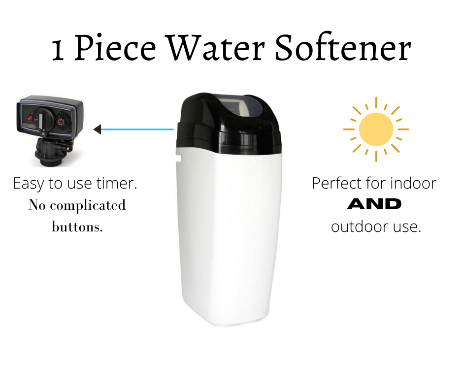 A picture of a 1 piece water softener with a timer , no complicated buttons , and perfect for indoor and outdoor use.