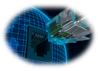 Ethernet cable plugged into a network port on a blue digital globe background