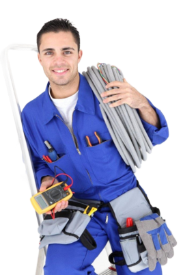 Worker in blue uniform carrying tools, folded newspaper, and a handheld device.