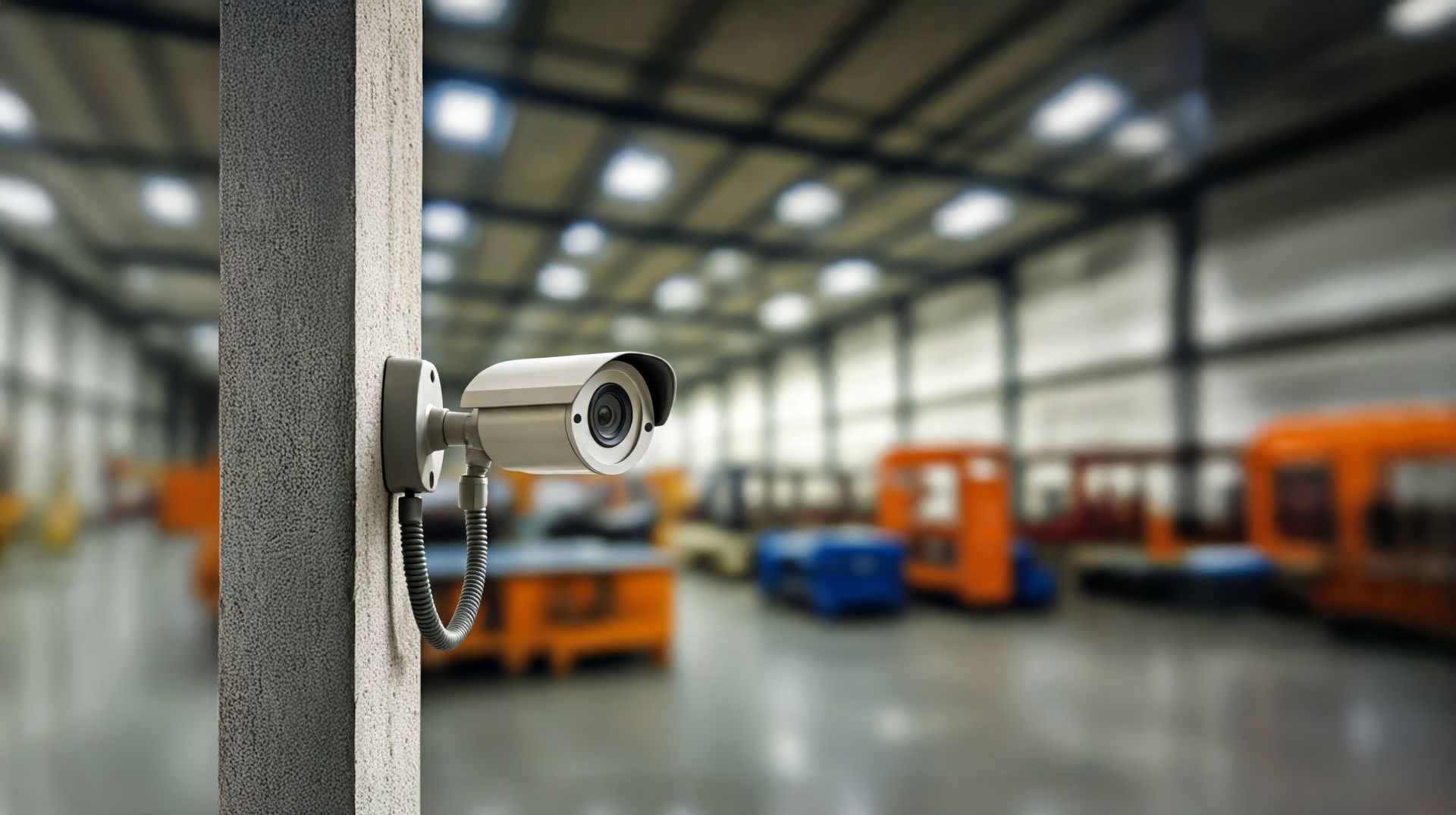 Security camera mounted on a metal pole in an industrial warehouse with blurred equipment in the background