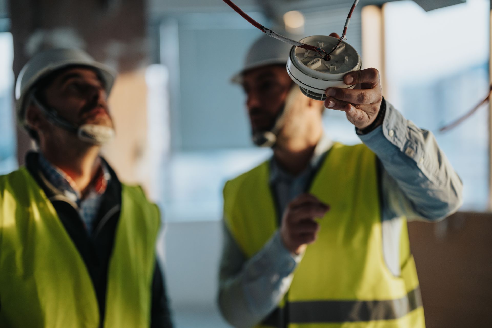 Two construction workers in yellow safety vests examining a ceiling fixture on a job site