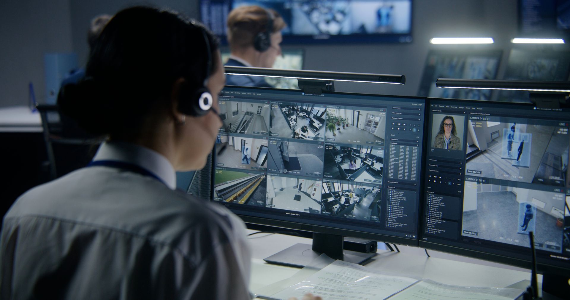 Security operator monitoring multiple surveillance camera feeds on dual screens in a dark control room