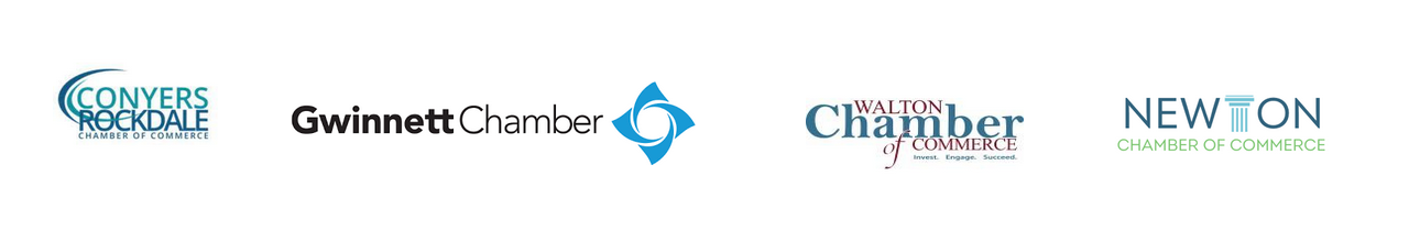Row of chamber of commerce logos in blue and green on a white background