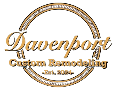 Davenport Custom Remodeling logo with gold script and circular saw blade design, est. 2024