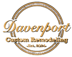 Davenport Custom Remodeling logo with gold script and circular saw blade design, est. 2024