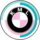A bmw logo with pink and blue circles around it