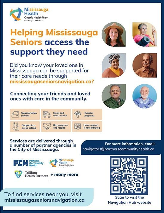 Poster for Mississauga Health, helping seniors. Includes website, photos, and services. Poster for Mississauga Health, helping seniors. Includes website, photos, and services.