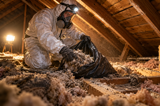 Technician in protective gear cleaning and sanitizing a contaminated attic in a Pasadena home