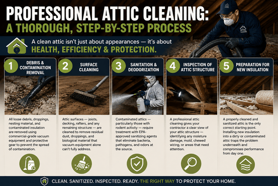 Professional attic cleaning process — debris removal, sanitation, and insulation preparation for Pas