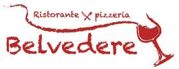 Logo per il Ristorante Pizzeria Belvedere, caratterizzato da testo rosso e da una grafica stilizzata di un calice di vino.