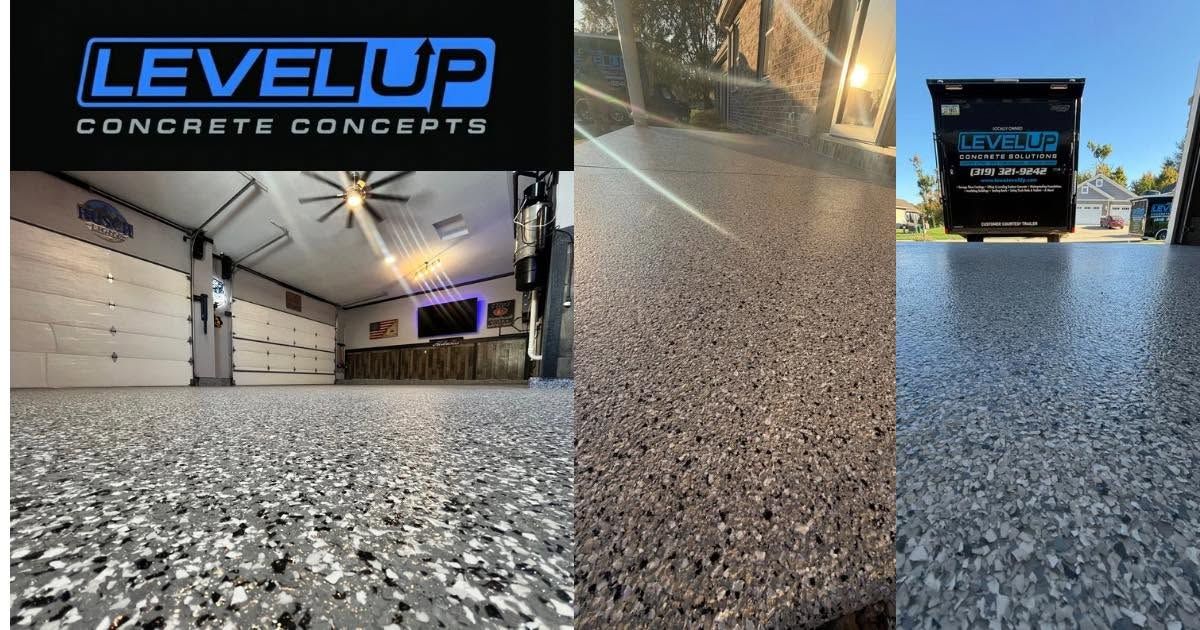 Concrete coating showcase with Level Up Concrete Concepts logo and glossy epoxy floors in garage and outdoor settings