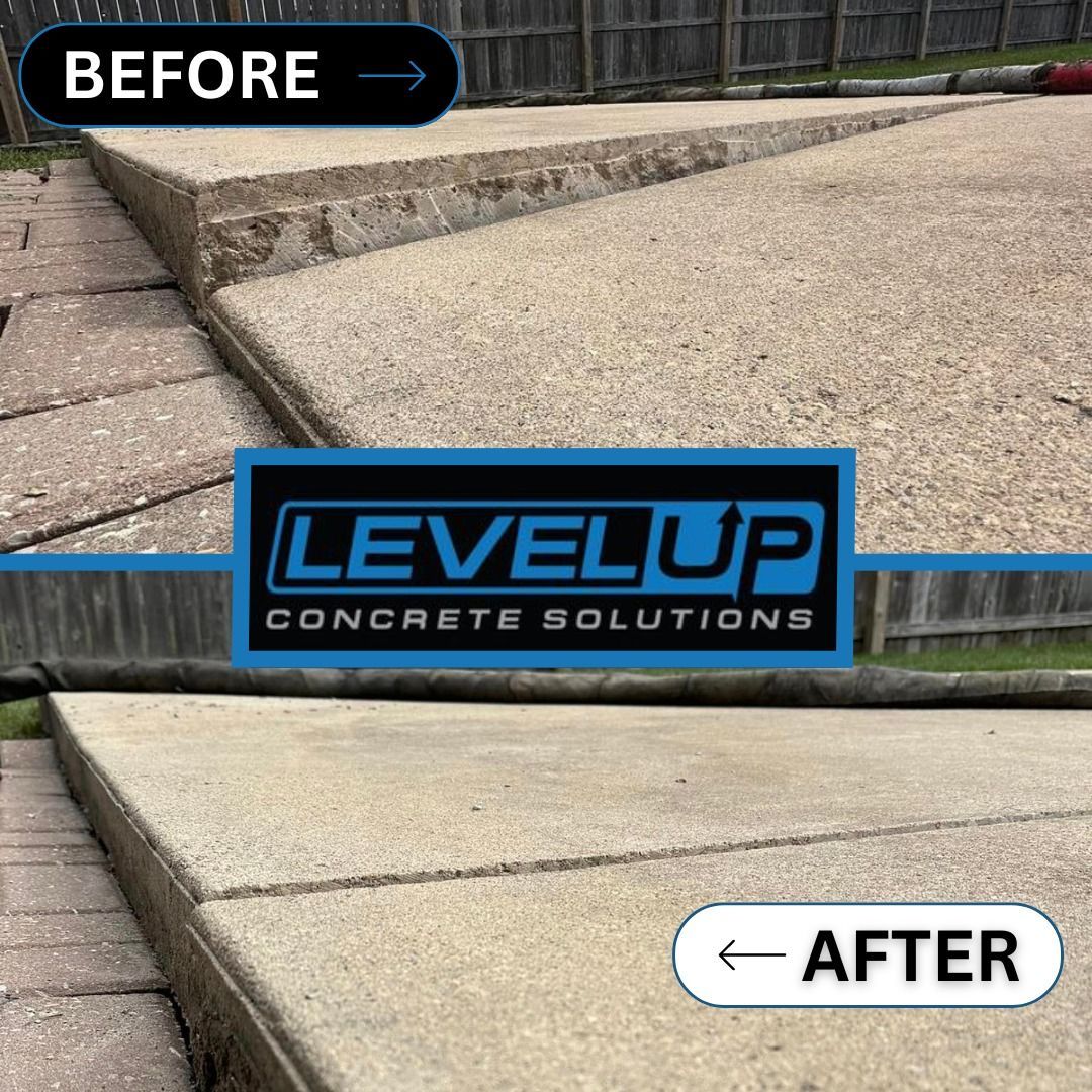 Comparison of concrete steps before and after Level Up Concrete Solutions.