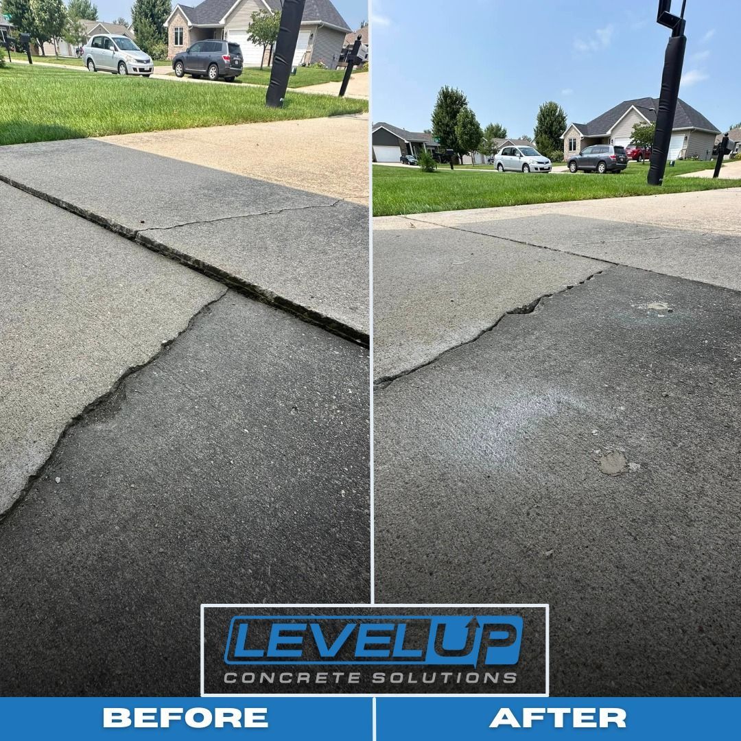Before and after of cracked concrete driveway repair.