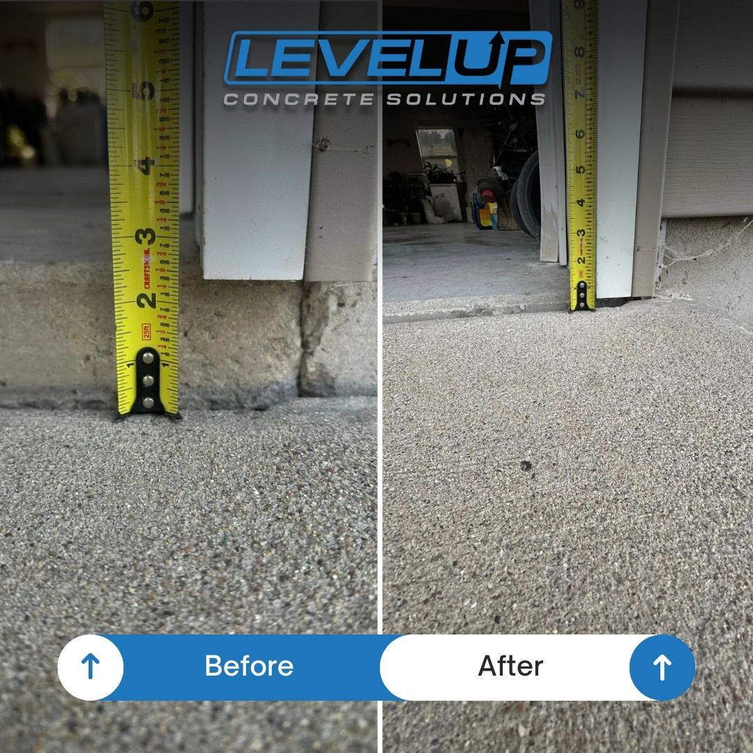 Before/after of concrete repair. Cracked concrete step leveled, eliminating a height difference at a doorway.