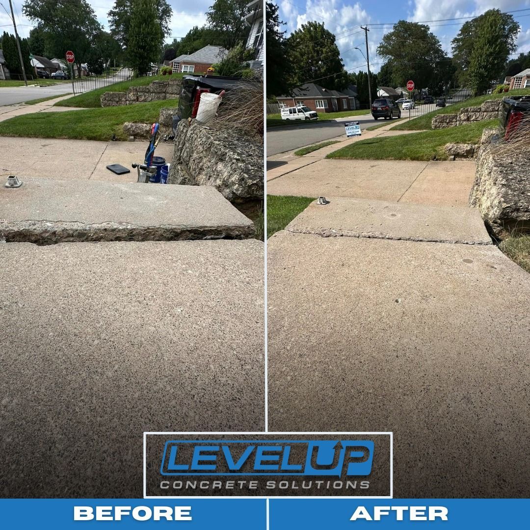 Before and after of a concrete driveway repair; cracked concrete leveled.