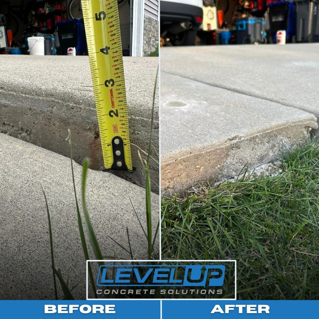 Before-and-after of concrete repair: a cracked and uneven concrete slab is leveled. A tape measure shows the height difference.