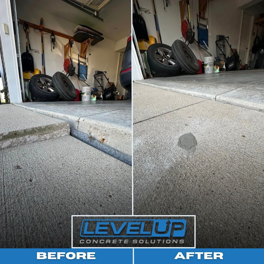 Before and after comparison of concrete repair in a garage.