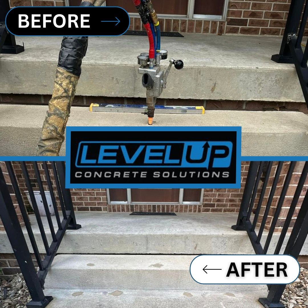 Before-and-after of concrete steps repaired by Level Up Concrete Solutions. Steps are leveled, with black railings.