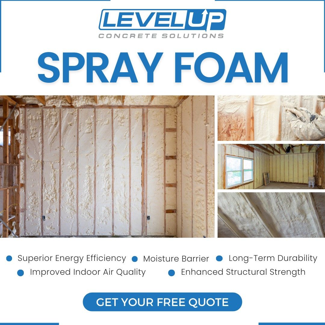Advertisement for Level Up Concrete Solutions' spray foam insulation. Shows installed foam inside a house, with benefits listed.