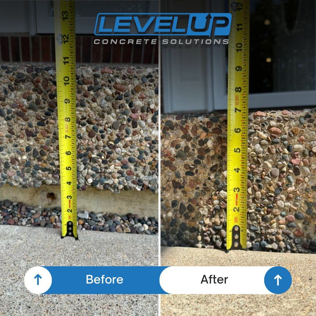 Before and after photos showing concrete repair, with tape measures indicating level difference.