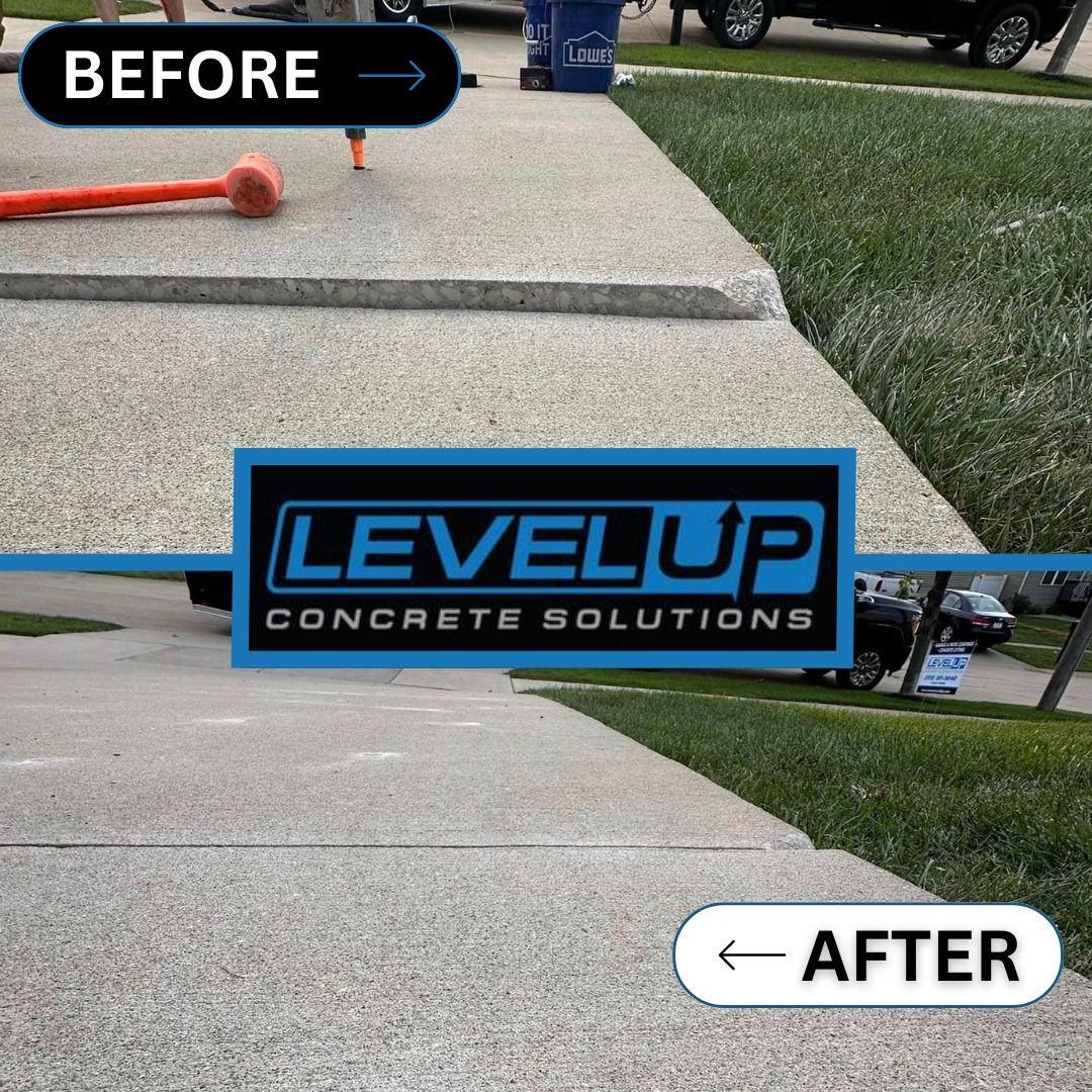 Before and after of a concrete walkway leveled by Level Up Concrete Solutions.