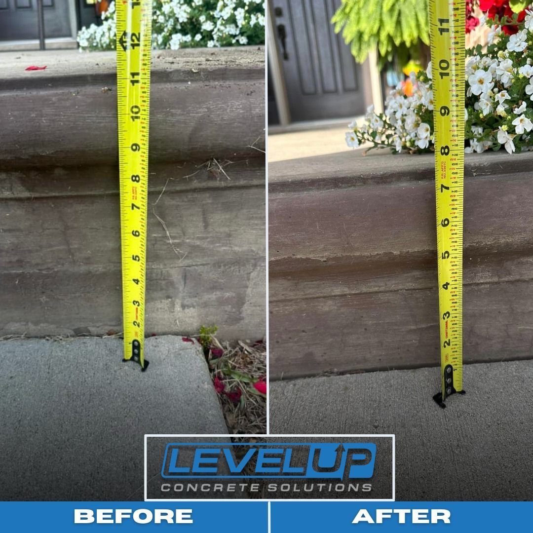 Concrete step before and after leveling; tape measure shows height difference.