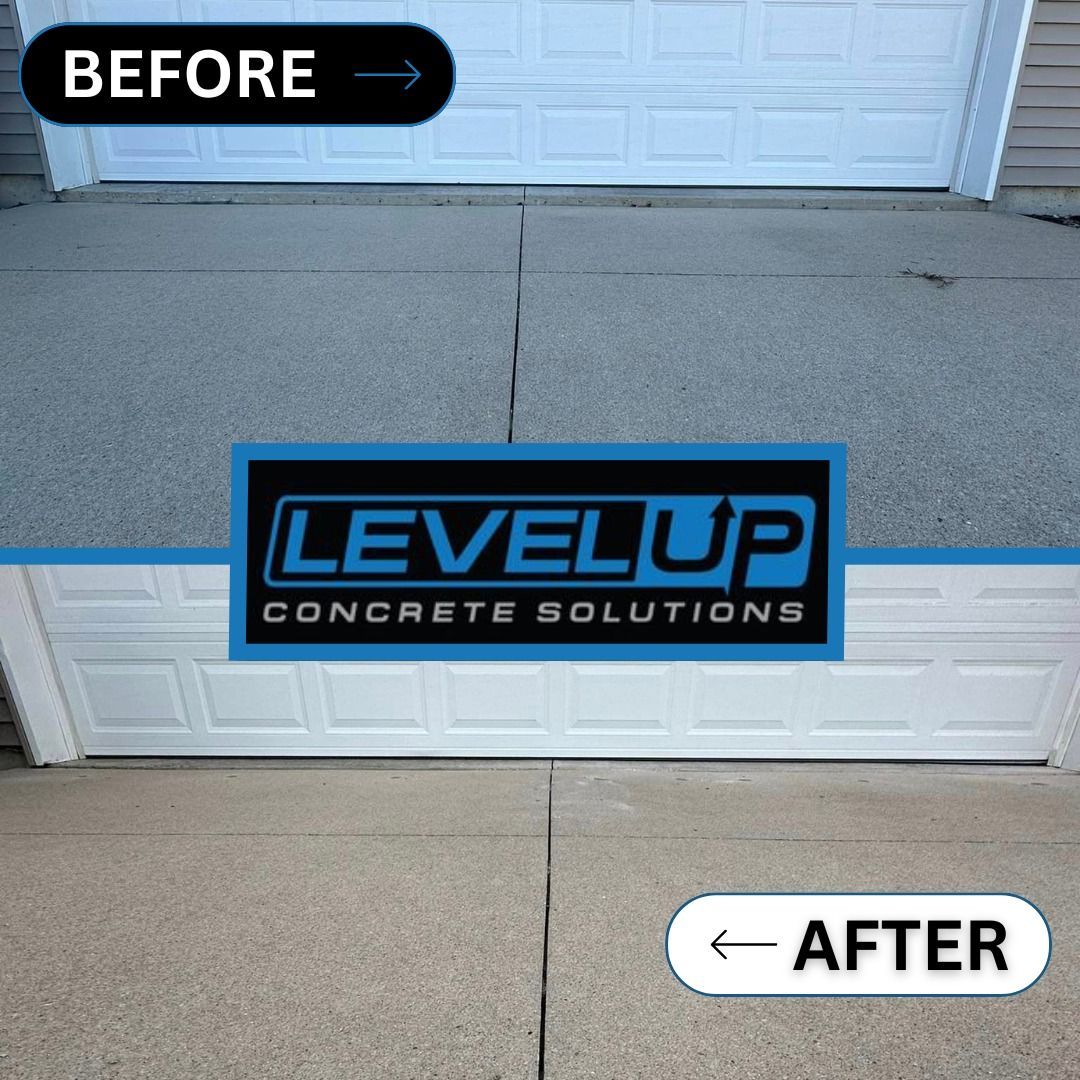 Before and after comparison of concrete driveway repair; cracked and uneven before, smooth and level after.