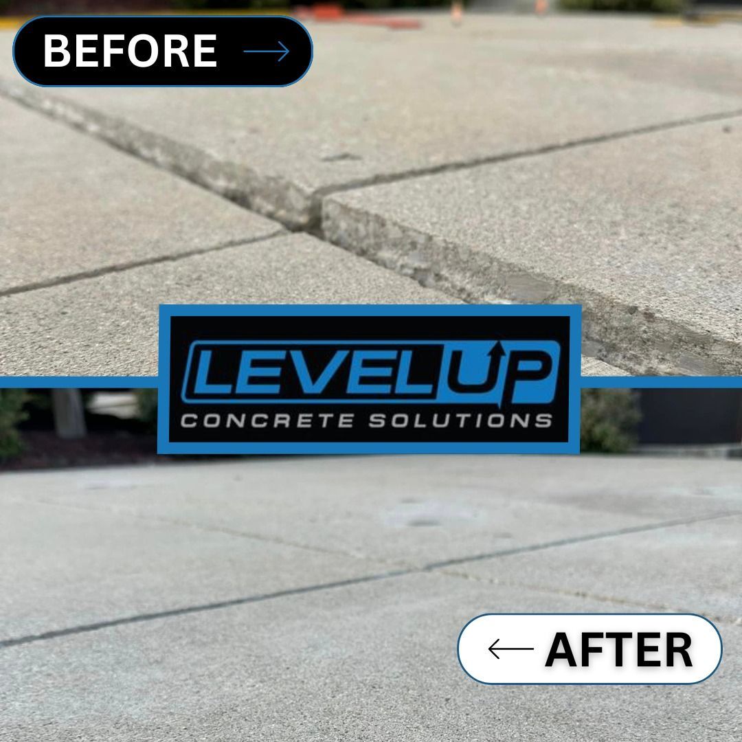 Before and after of concrete repair, showing a cracked surface before and a smooth surface after repair.