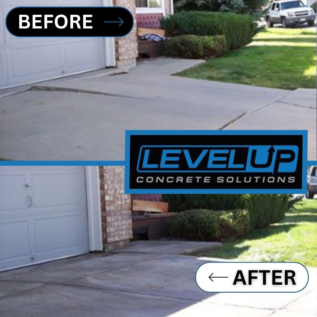 Before and after of a concrete driveway repair. Before has cracked and uneven concrete, after is smooth.