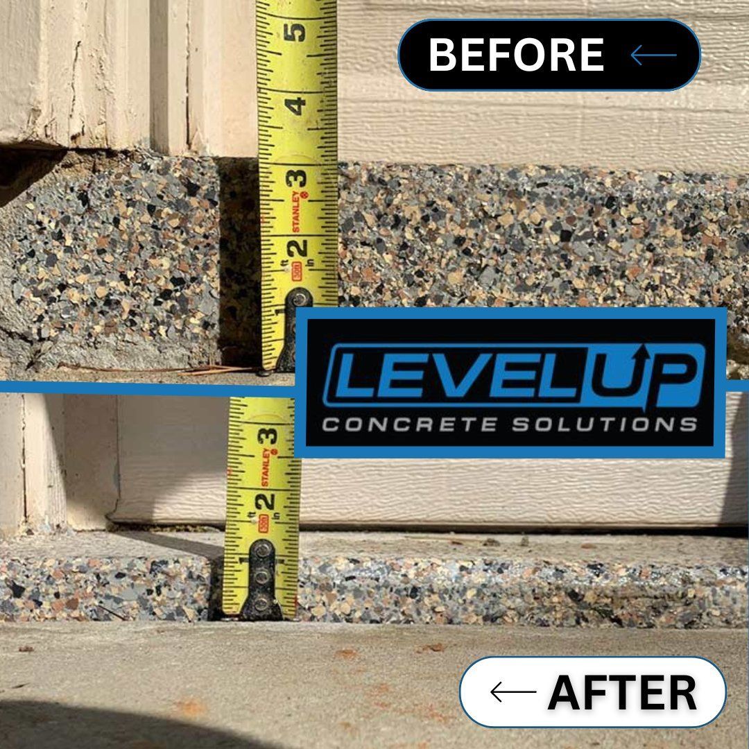 Before/after shot: concrete raised. Tape measure shows a 2
