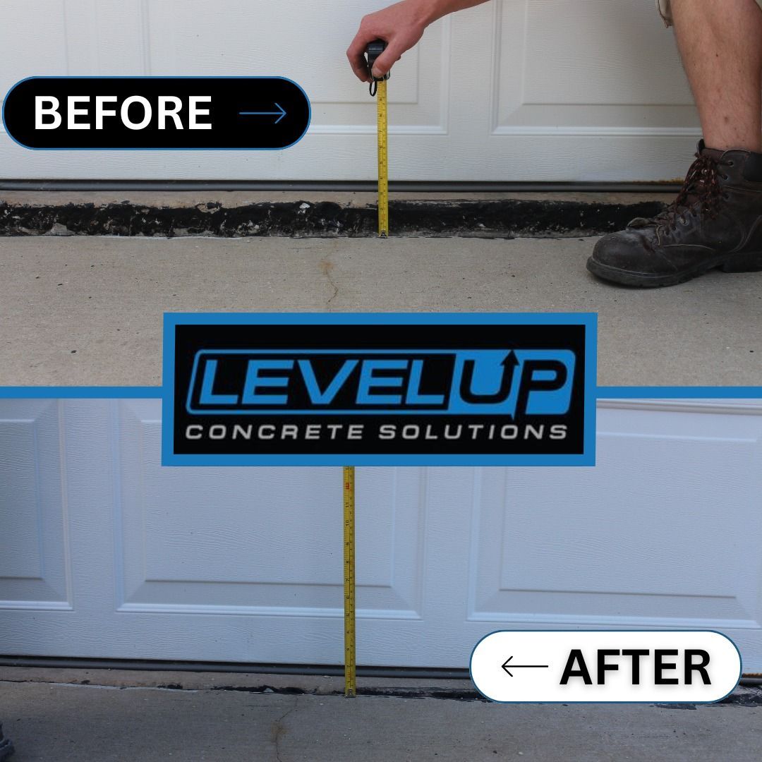 Before/after of concrete repair: Garage floor with person measuring before fix; after shows level concrete.