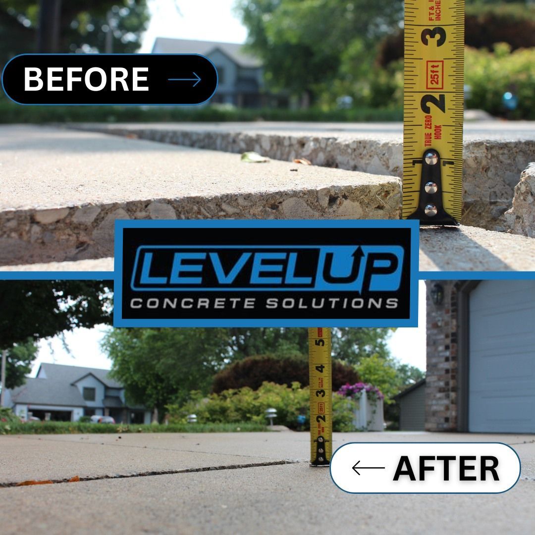 Before-and-after of concrete leveling; uneven concrete steps before, level driveway after, measured with tape measure.