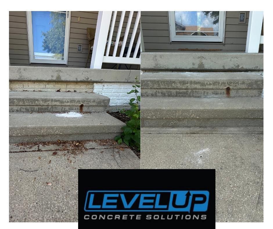 Concrete steps with crumbling edges, before and after view. House facade, white trim. Level Up Concrete Solutions logo.