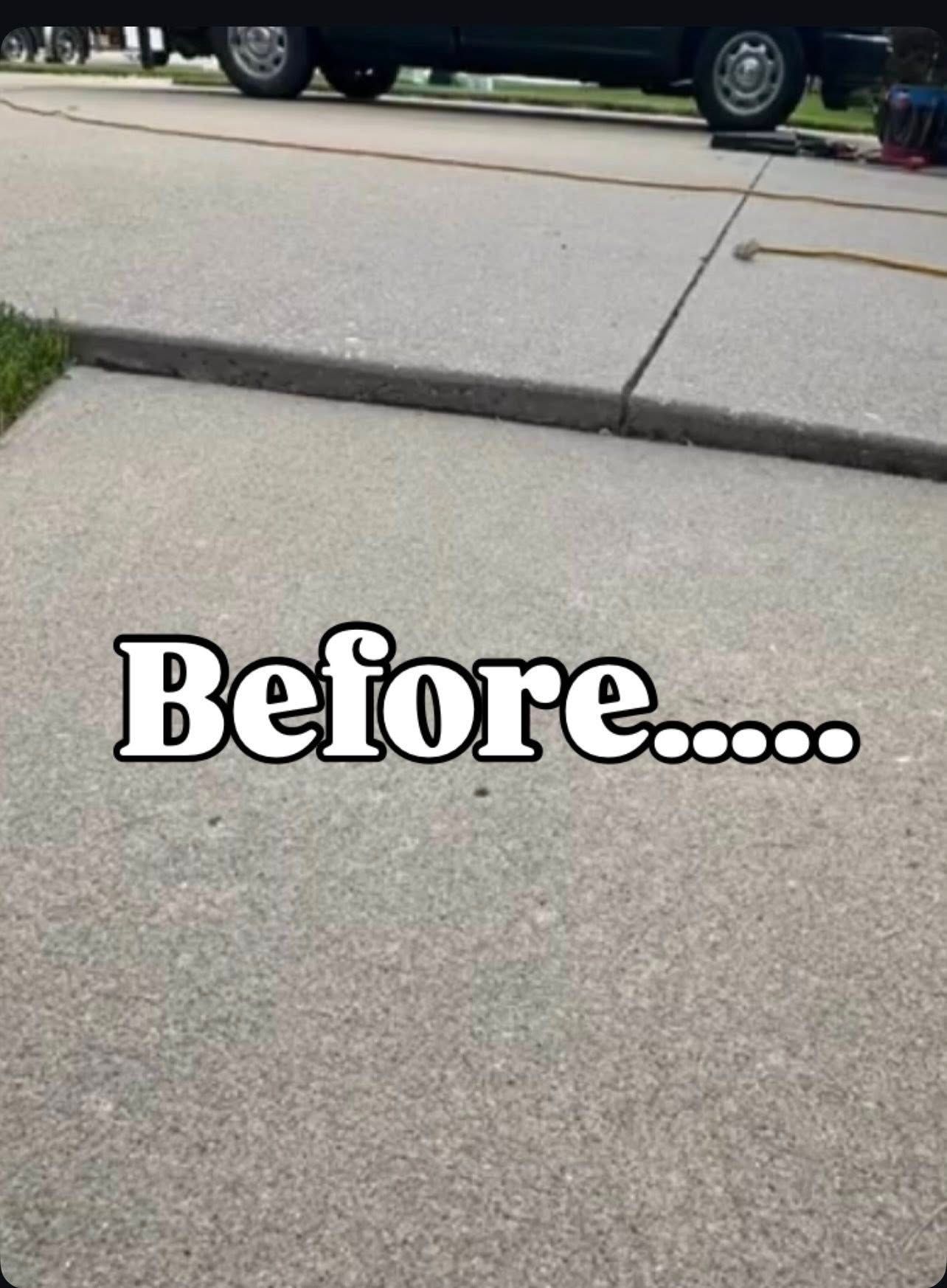 Sidewalk before repair; concrete slab edge lifted, text 
