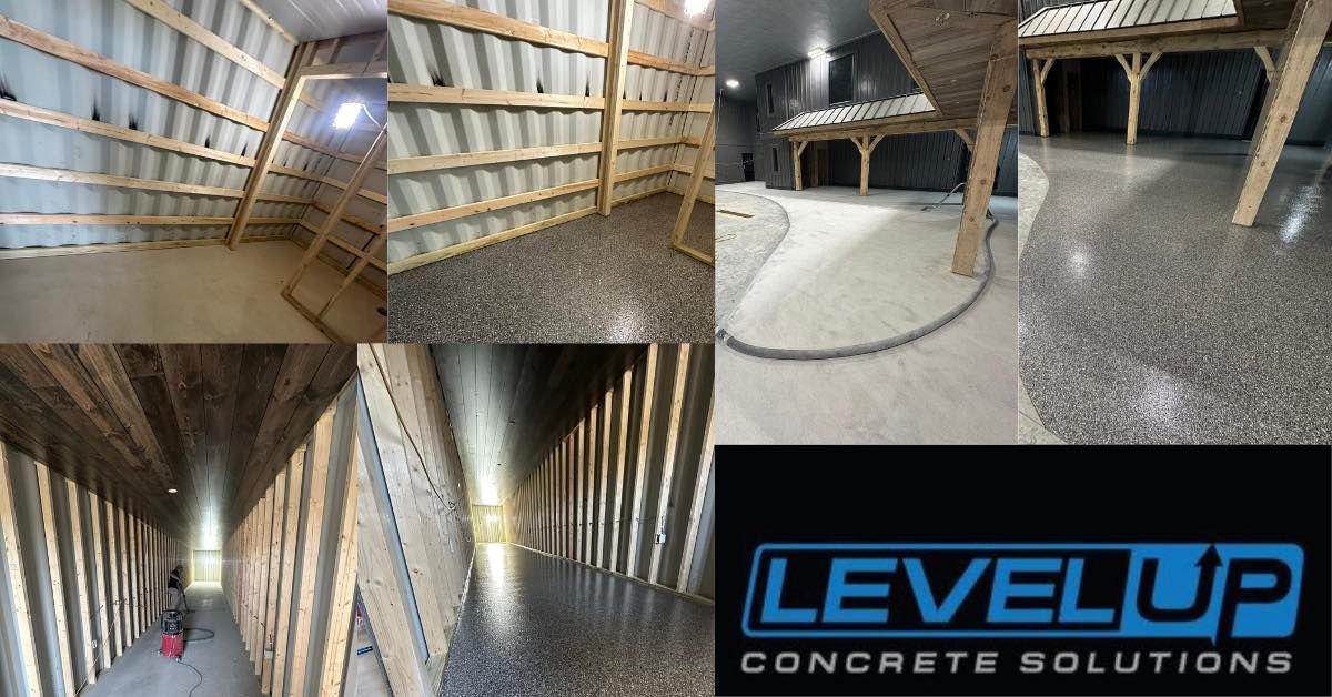 Construction site showcasing polished concrete floors with wooden beams. 