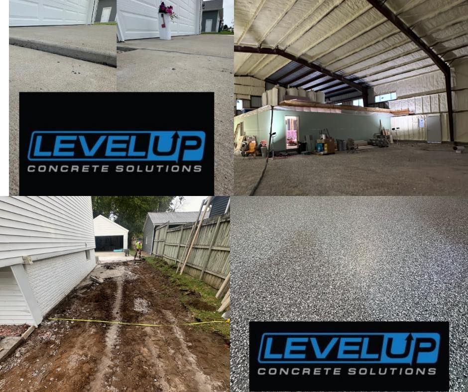 Level Up Concrete Solutions projects: pouring concrete, interior spray foam, epoxy flooring, and site work.