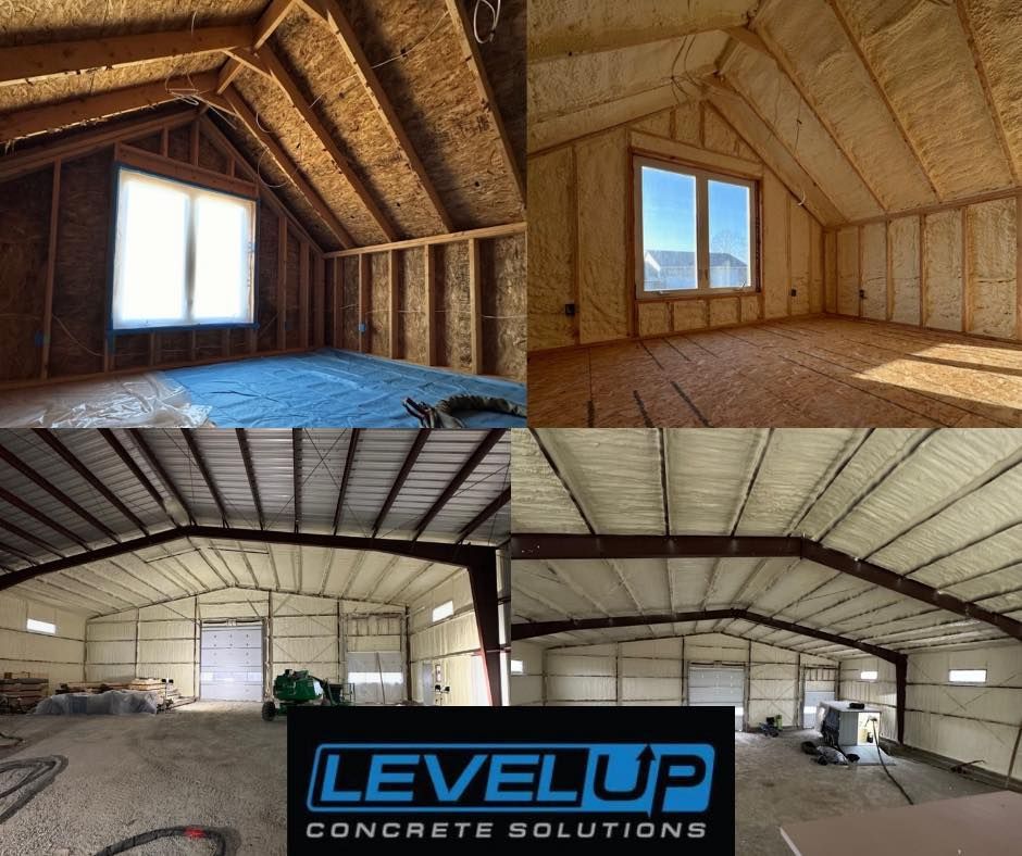 Four photos showcasing spray foam insulation projects by Level Up Concrete Solutions.