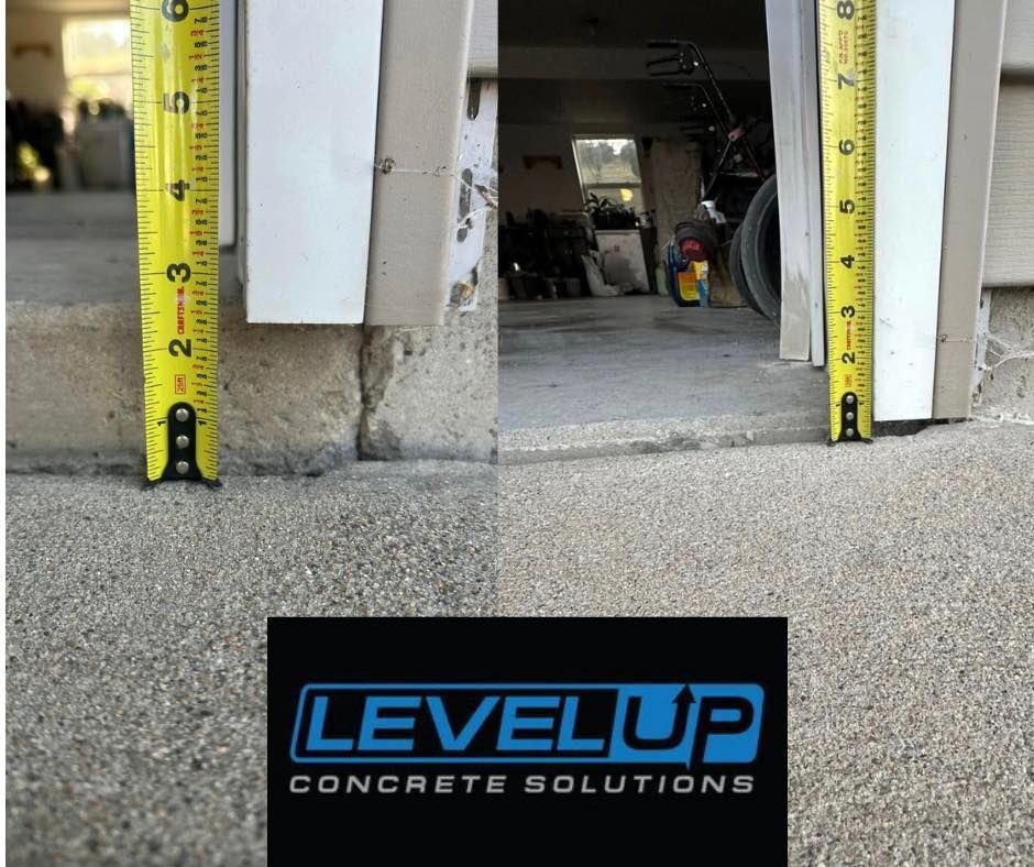 Two photos show concrete step repair. A tape measure indicates the height difference before and after repair. Level Up Concrete Solutions logo at the bottom.