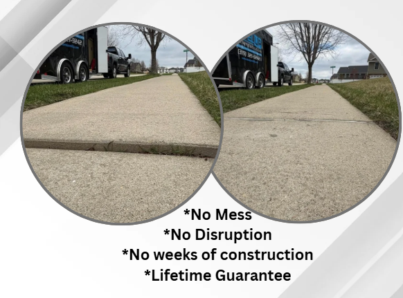 Sidewalk crack repair comparison: before with visible seam, after with smooth concrete, plus warranty text.