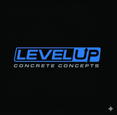 Level Up Concrete Concepts logo on black: blue text with arrow, silver outline.