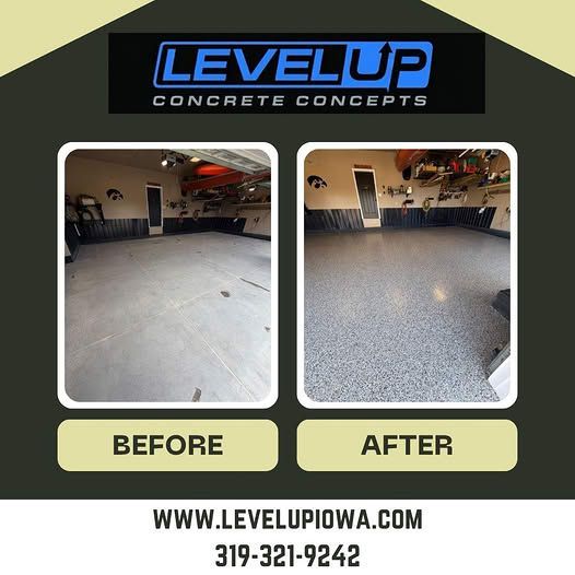 Before and after photos of a concrete driveway repair; 