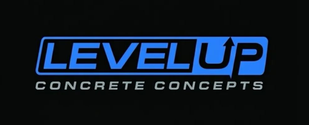 Level Up Concrete Concepts logo on black: blue text with arrow, silver outline.