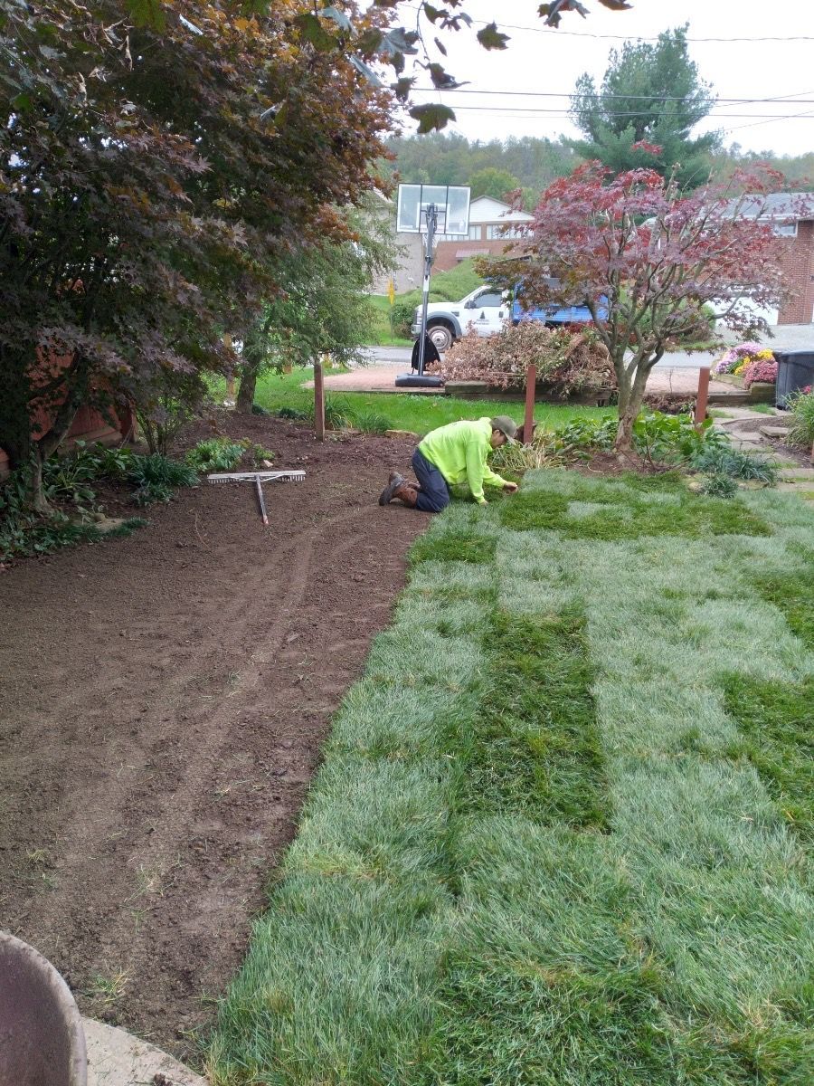 A man is kneeling down in the grass in a backyard.