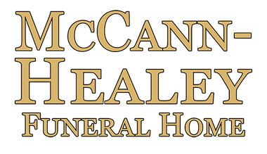McCann-Healey Funeral Home logo: Gold text on a white background. "McCann-Healey" is above "Funeral Home".