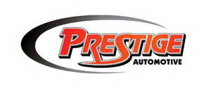 The logo for prestige automotive is red and black on a white background.