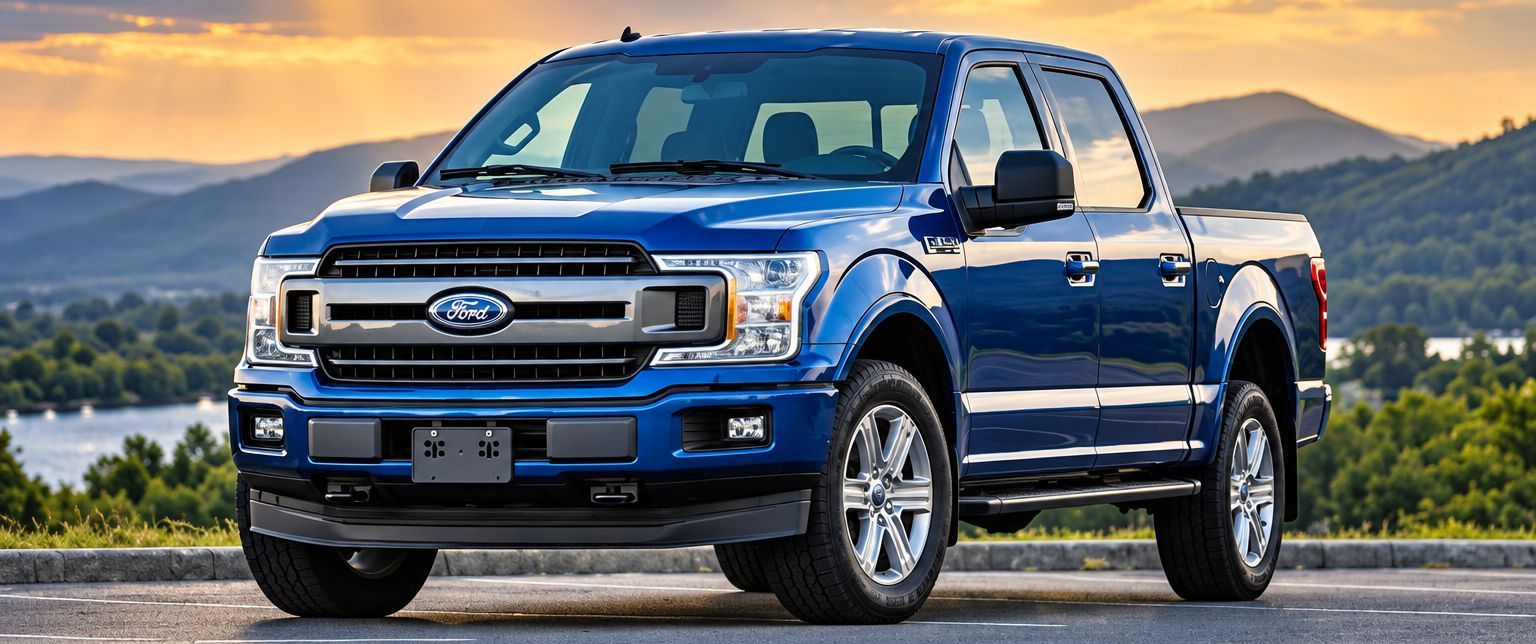 Blue Ford pickup truck parked on a road with mountains in the background