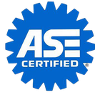The ase certified logo is blue and white with a gear in the middle.