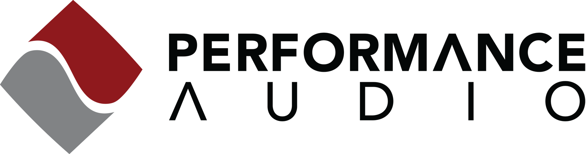 A logo for performance audio with a red and gray diamond.