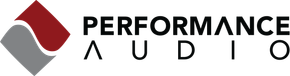 A logo for performance audio with a red and gray diamond.