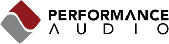 A logo for performance audio with a red and gray diamond.